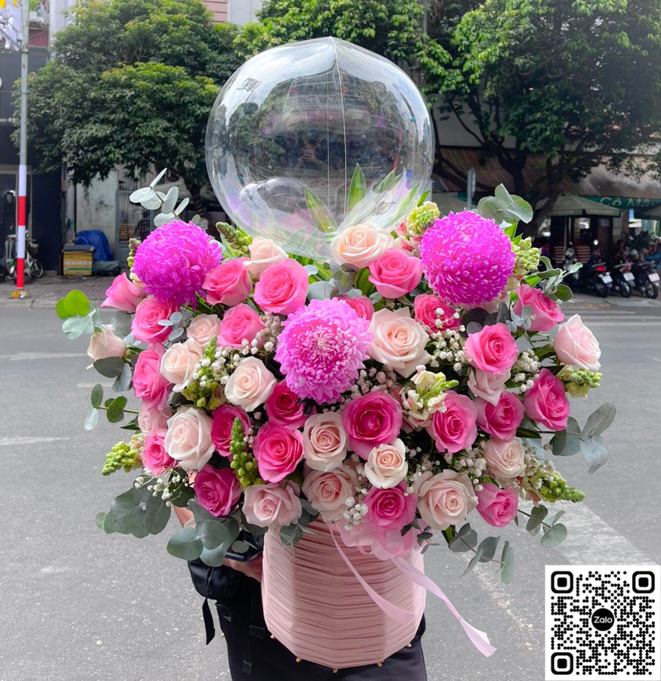 Giỏ Hoa Cúc Mẫu Đơn Tông Màu Hồng Pastel